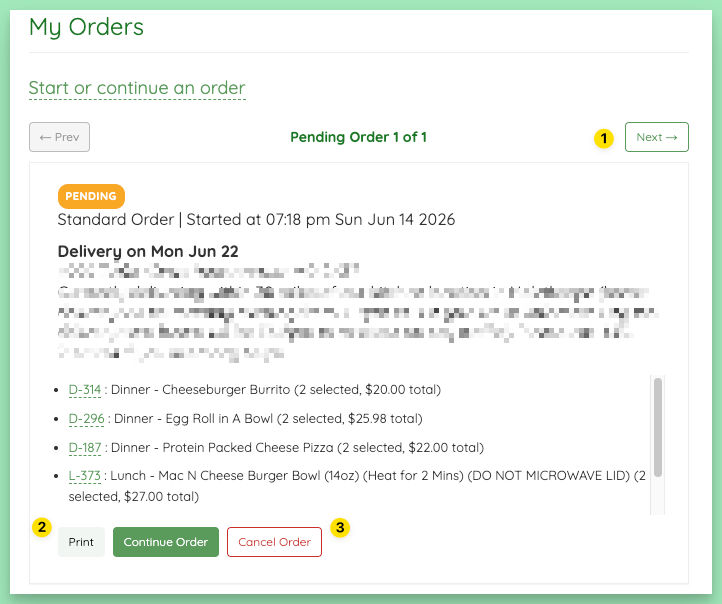 Customer account pending order with Print and Cancel Order buttons