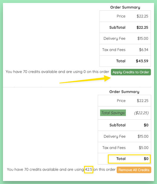 Apply Credits to Order at checkout