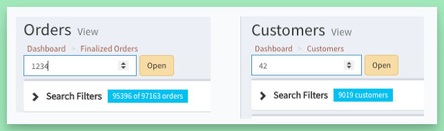 Order number and customer number lookups on the Orders and Customers dashboards