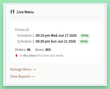 Schedule-aware Live Menu and Multiple Orders dashboard panels