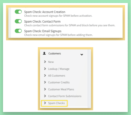 Spam check switches on the Features page, and the Spam Checks link under Customers