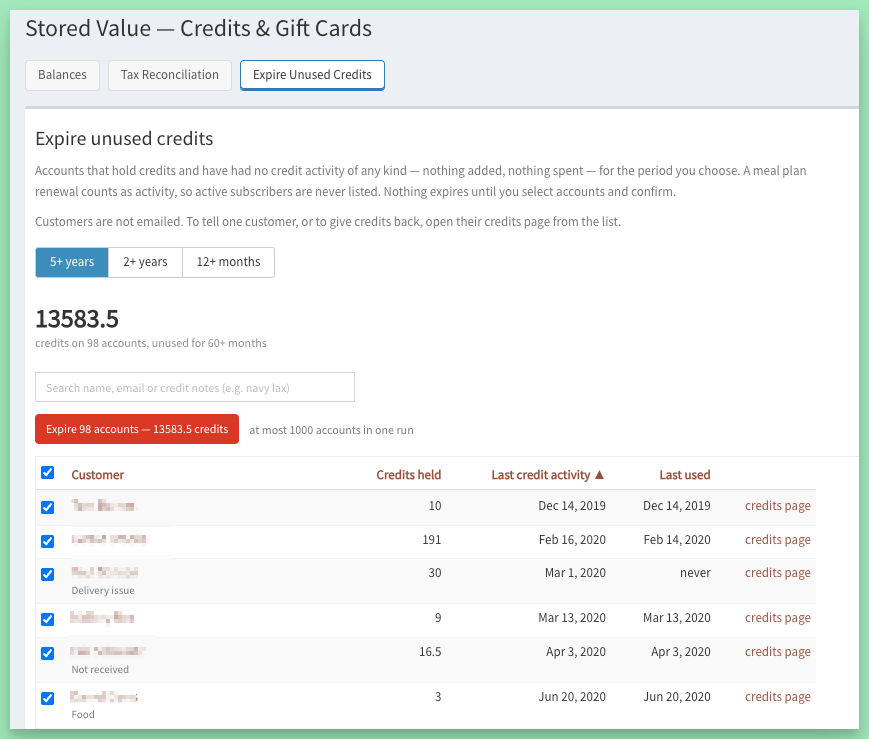 The Expire Unused Credits tab on the Stored Value report
