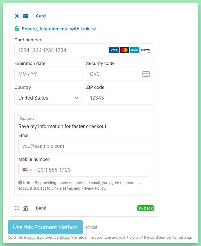 Card payment form at checkout with Stripe Link and a bank option