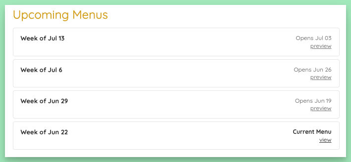 Upcoming menus on the customer account page
