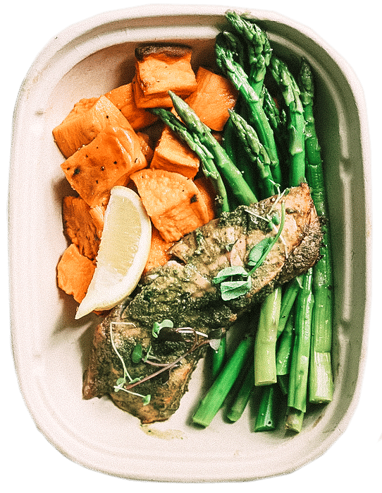 Pesto Salmon with Roasted Sweet Potatoes & Asparagus