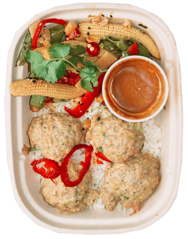 Sesame Chicken Meatballs with Stir-Fried Veggies & Rice