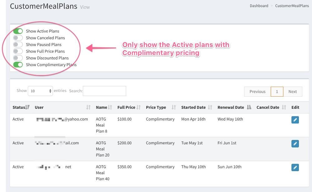 Example showing only active / complimentary plans