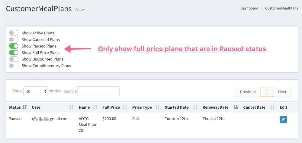 Example showing only full price / paused plans