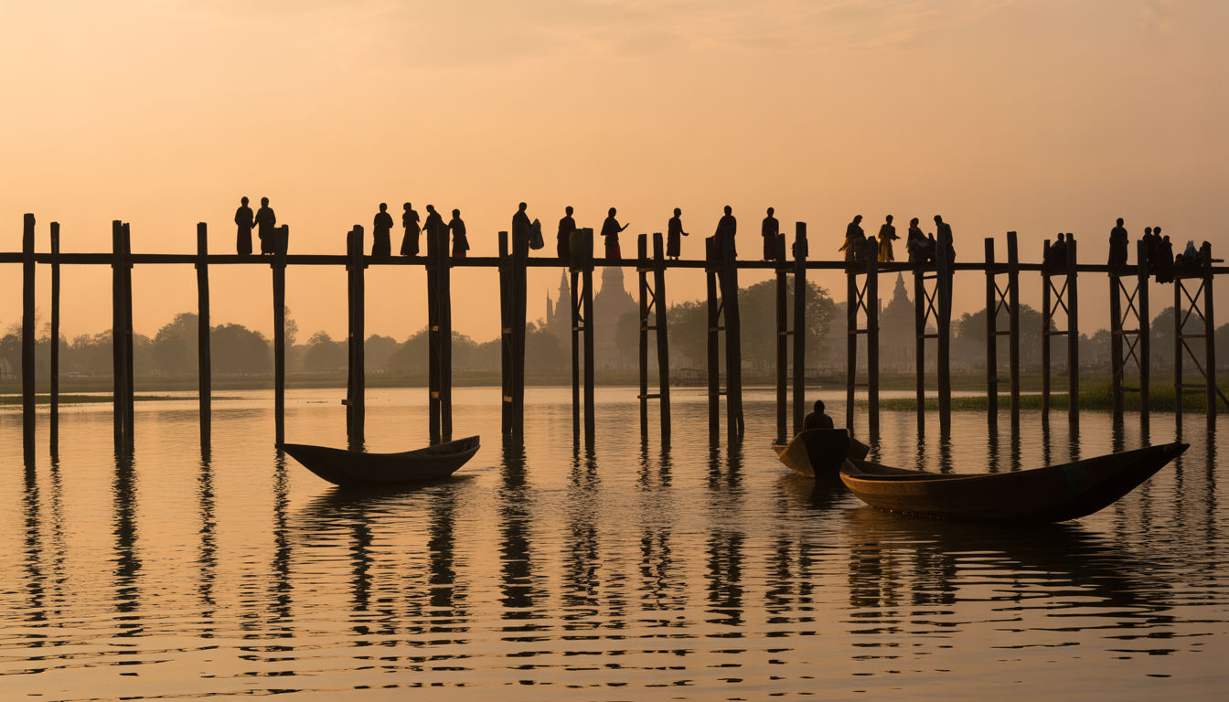 Wide, cinematic header image of sunset at U Bein Bridge with silhouettes of monks and locals on the wooden span over Taungthaman Lake, warm golden light, soft ripples, a few small boats in the foreground, distant pagoda shapes, clean travel magazine style.