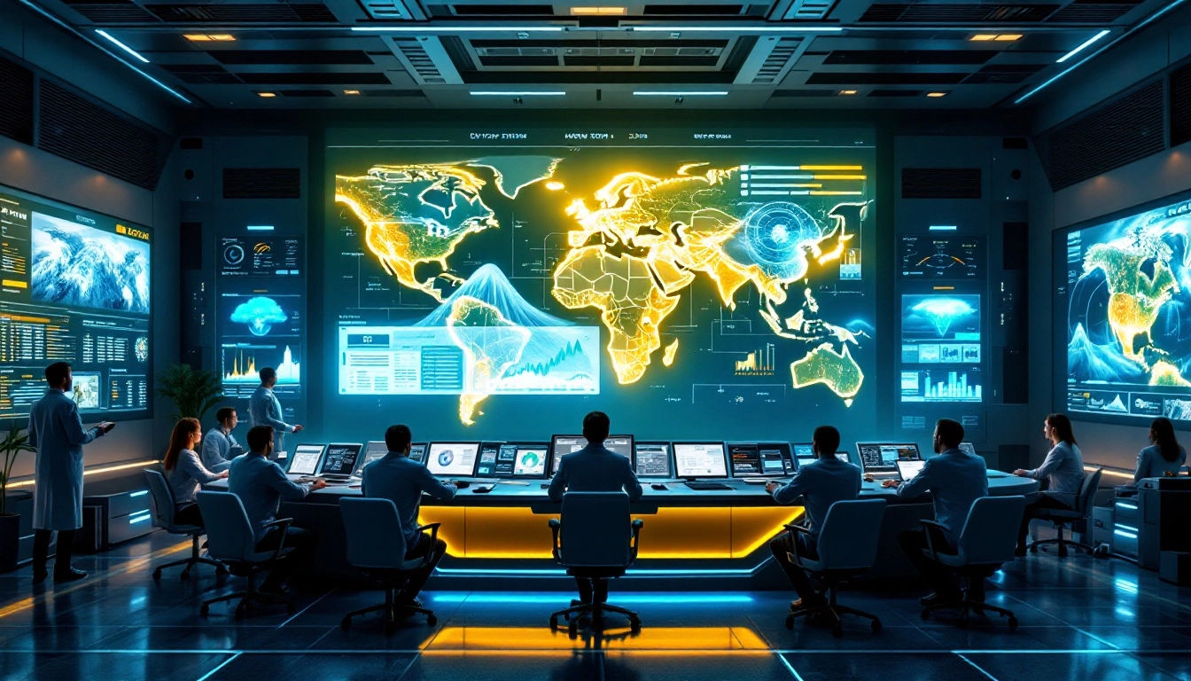 Create an image of a futuristic control room where digital screens display live natural disaster forecasts and environmental data analytics, symbolizing the AI-powered fight for a sustainable planet.