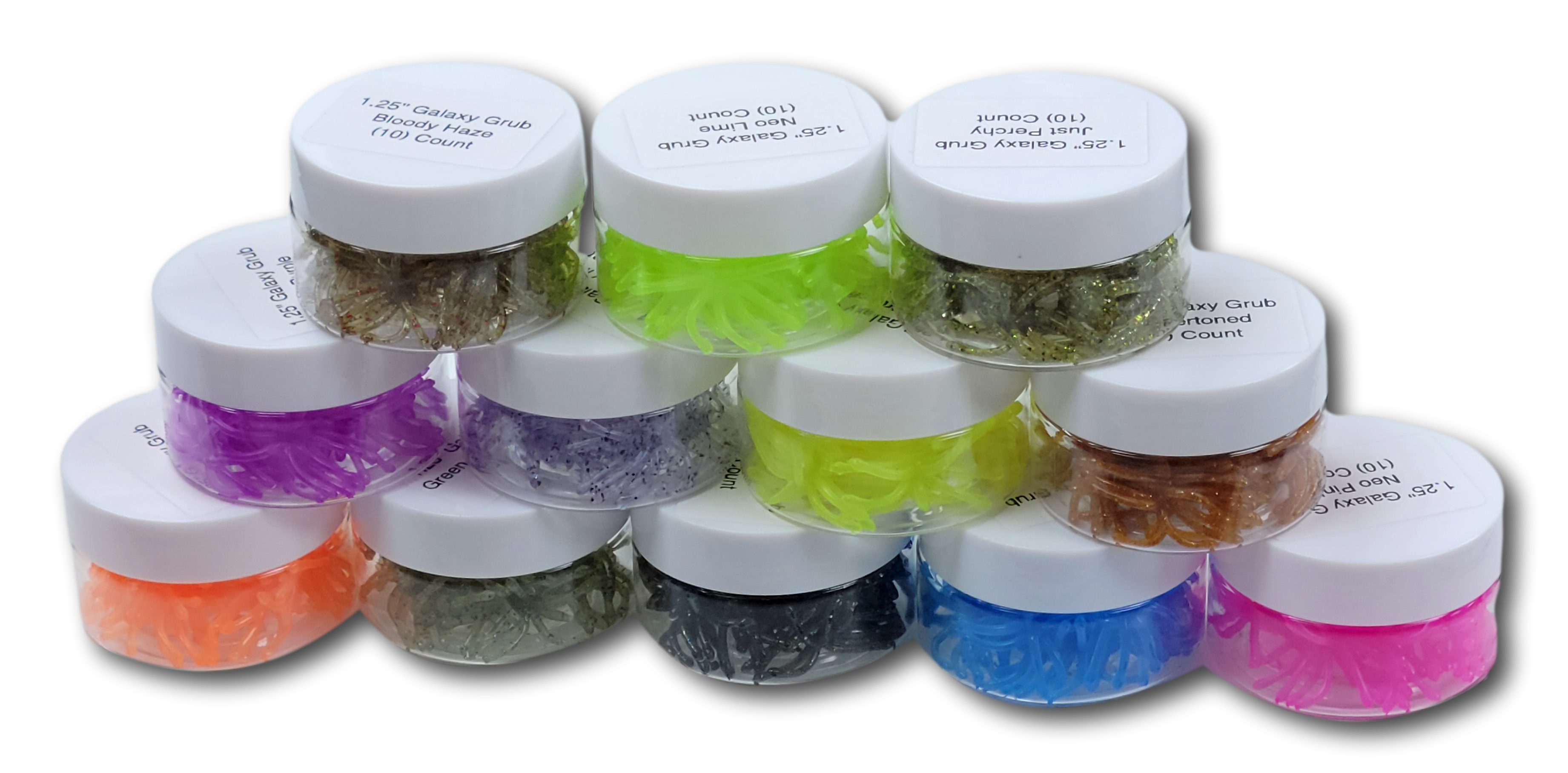 Jiggin Johnson's 1.25 inch Galaxy Grub reusable plastic jars in assorted colors