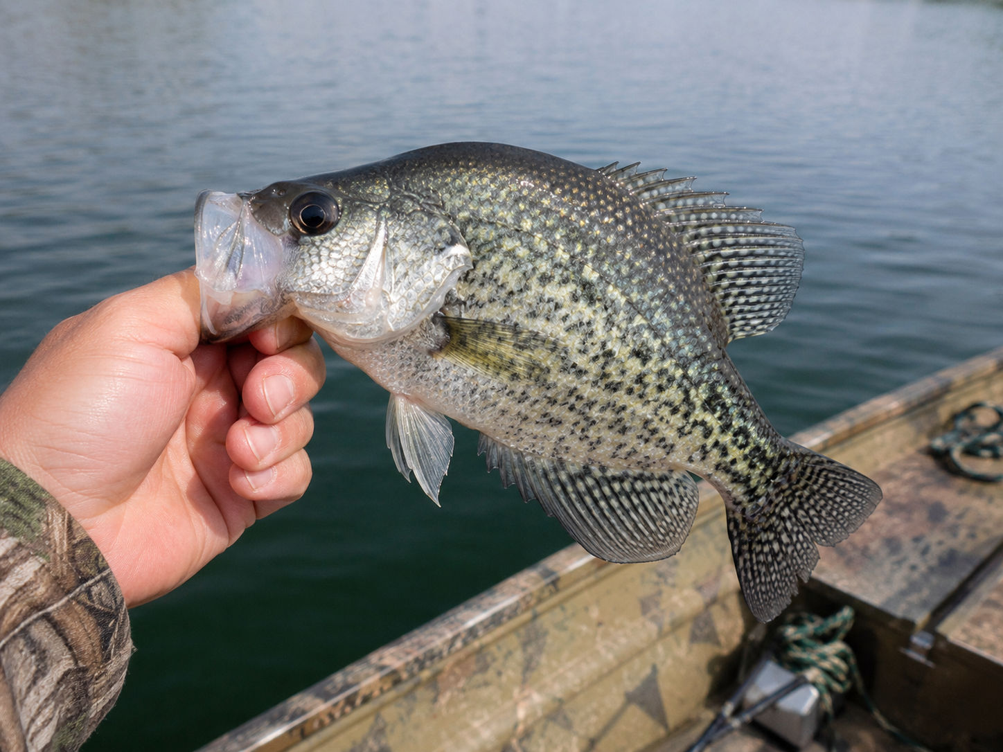 Close-up of a freshly caught crappie held over the lake beside a fishing boat
