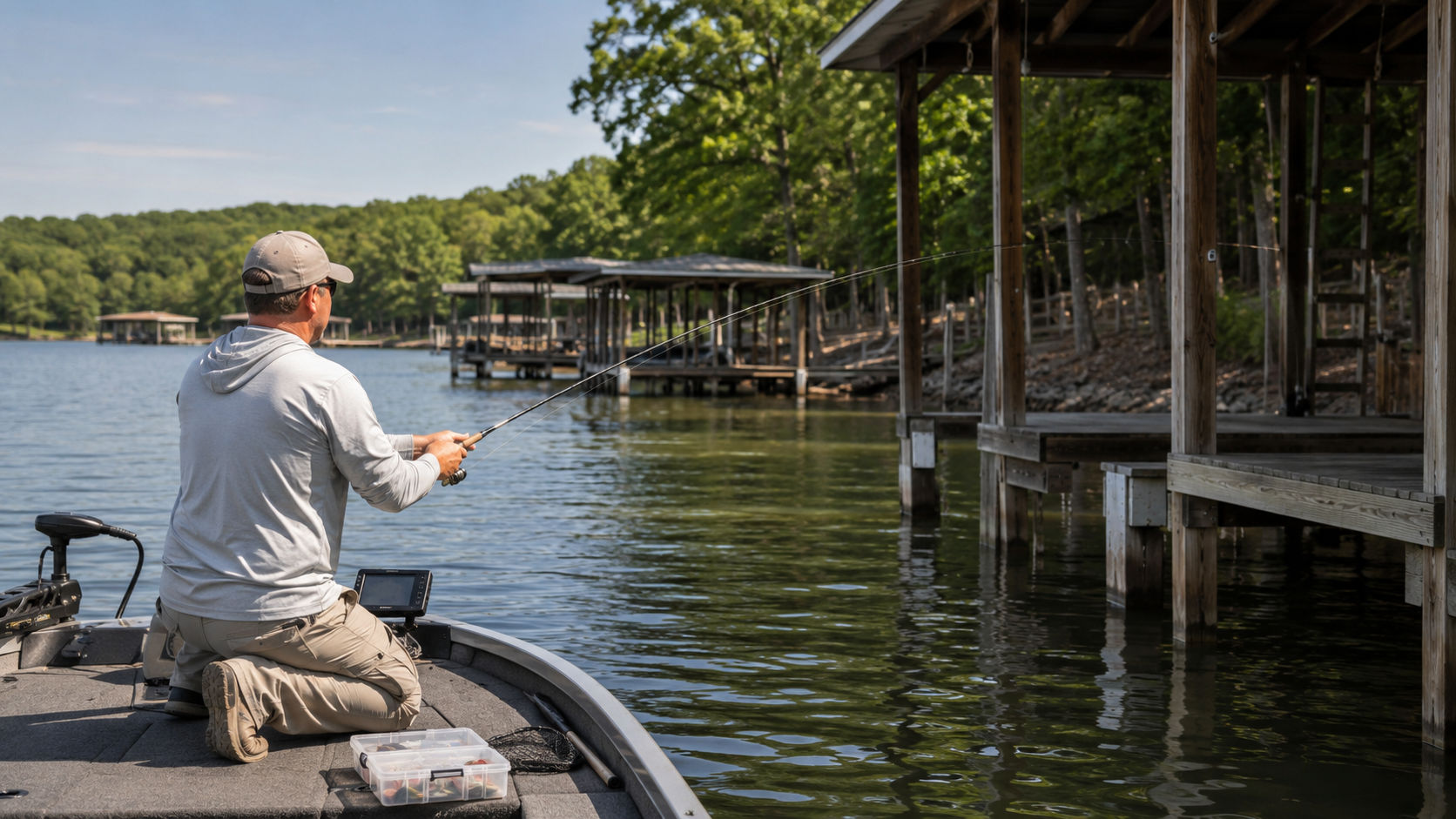 Angler fishing a small crappie jig around shaded dock posts