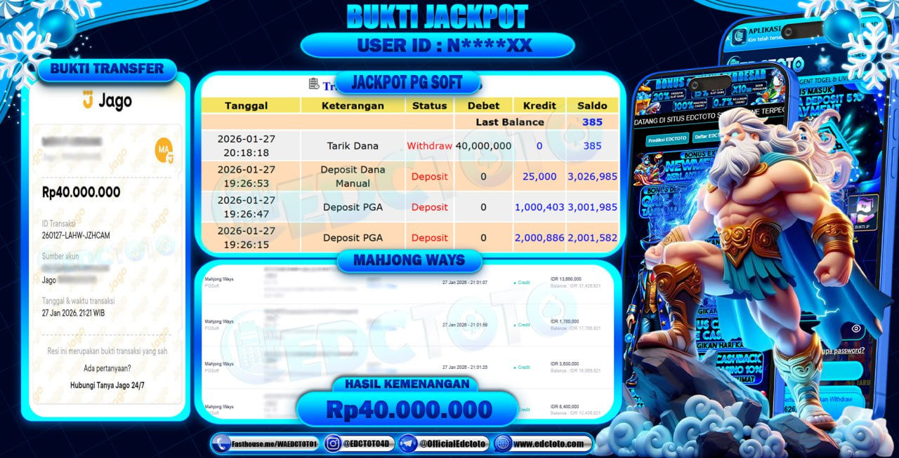 EDCTOTO JACKPOT Rp.40.000.000,- DIBAYAR LUNAS. PERMAINAN SLOT MAHJONG WAYS(PG SOFT)