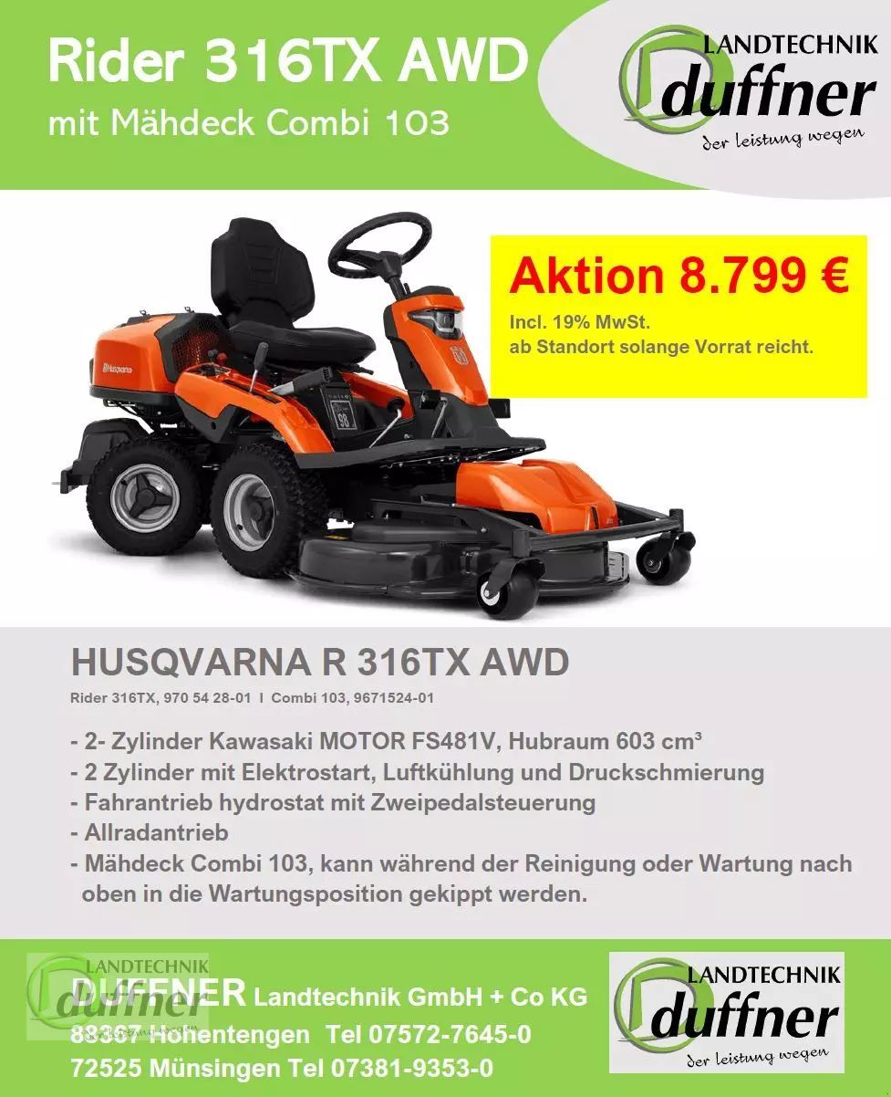 E-FARM: Husqvarna rider 316tx awd allrad - Lawn mower - id VL4HEZY - €7,394 - Year of construction: 2023 - Germany