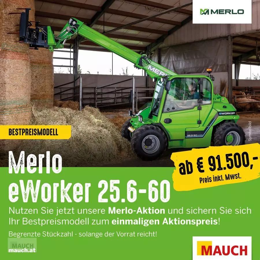 E-FARM: Merlo e-worker 25.5-60 aktion - Chargeur télescopique  - id JPNUMCC - 76 250 € - Année: 2024 - Puissance du moteur (chevaux): 60,Autriche