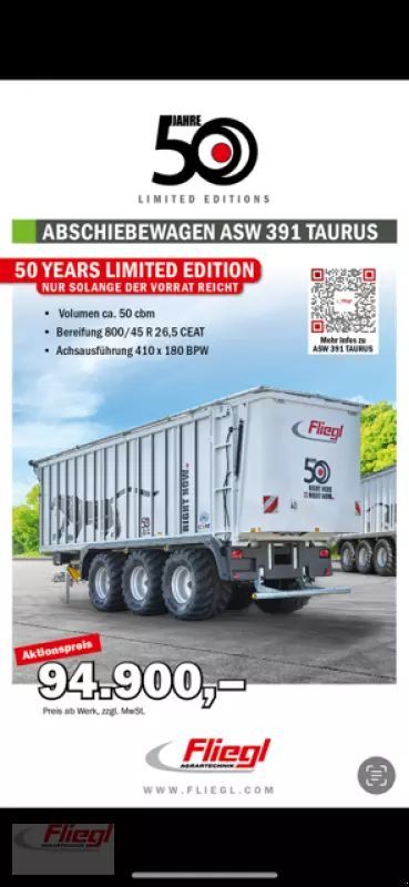 E-FARM: Fliegl asw 391 taurus fox aktion 50 jahre - Pašarų transportavimas - id ZEUJEU4 - 94 900 € - Gamybos metai: 2025 - Vokietija
