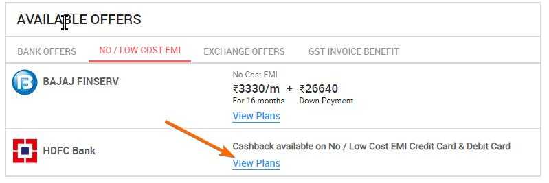 screenshot of hdfc credit card emi plans for iphone 14 on vijay sales website