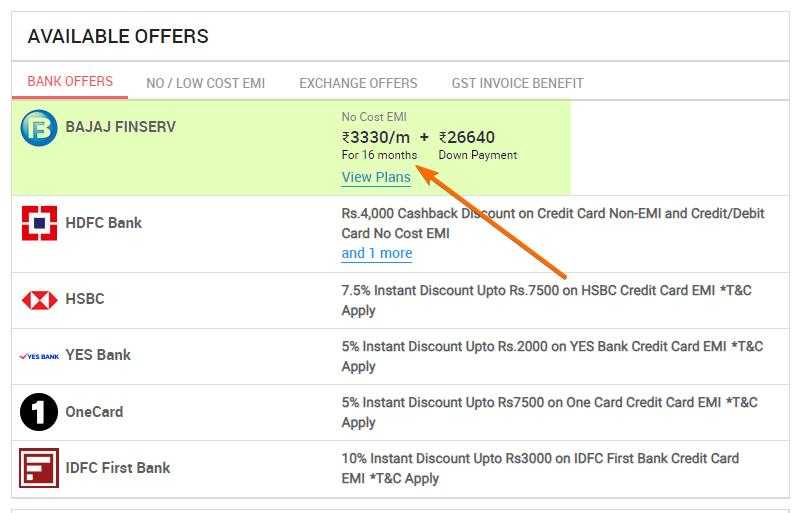 screen shot of iphone bajaj emi payment option on vijay sales website