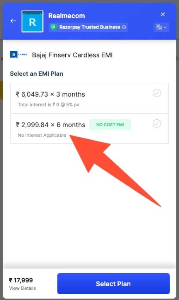 screenshot of bajaj emi 6month realme mobile