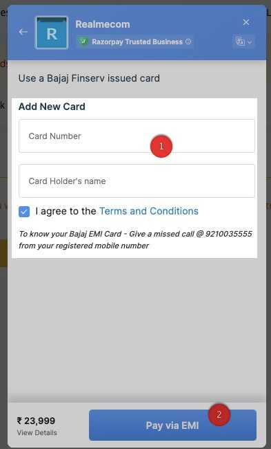 screenshot of page where you can add bajaj emi card number