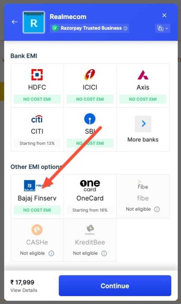 screenshot of bajaj emi payment 