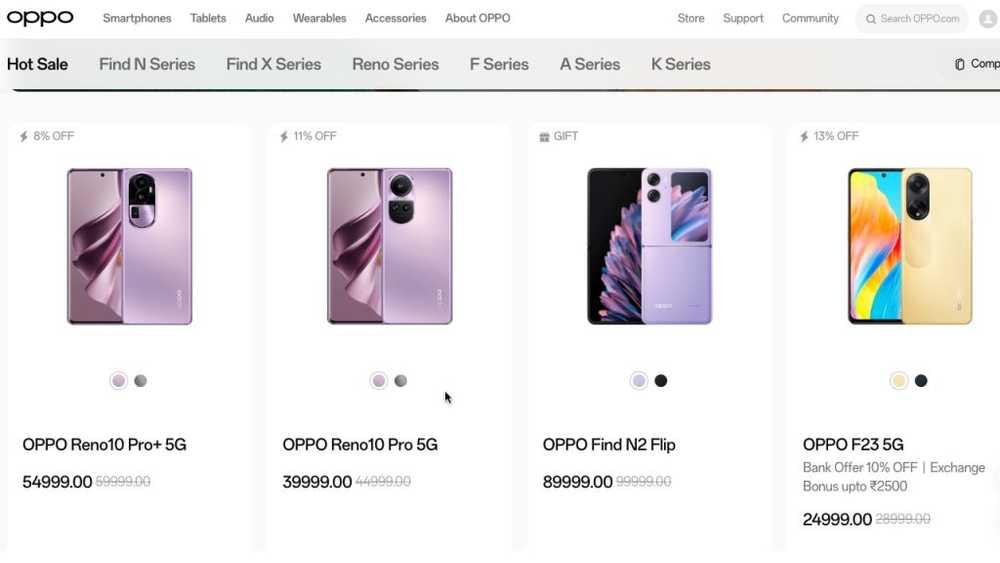 screen shot of oppo mobile online store