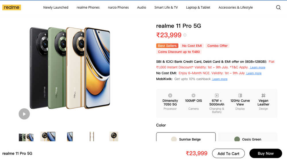sreenshot of realme 11 pro official page on desktop