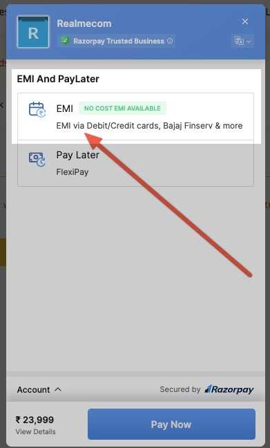 screenshot of payment page where we need to select EMI option.