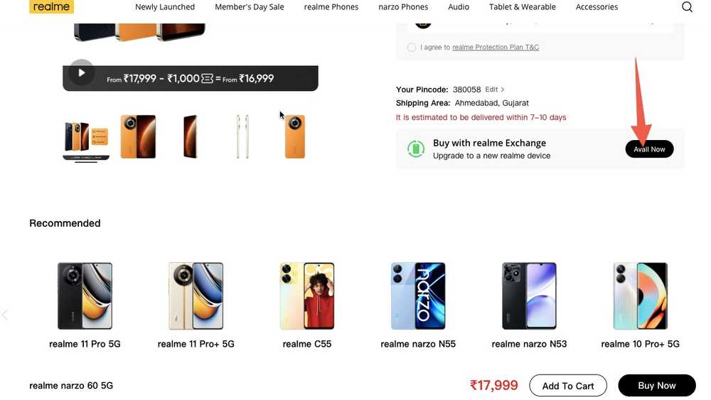 screenshot of realme product page and arrow pointing at exchange button