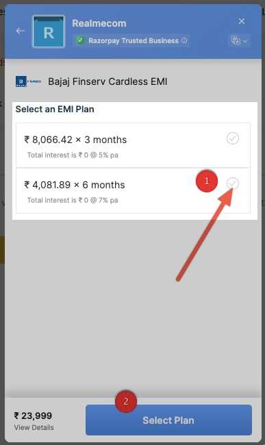 screenshot of payment page to select Payment plan for Bajaj EMI