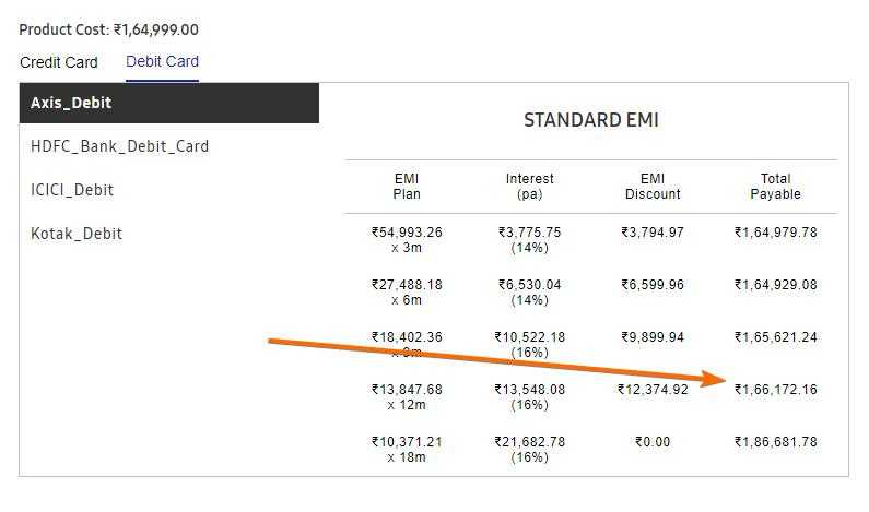 screen shot of debit card emi option