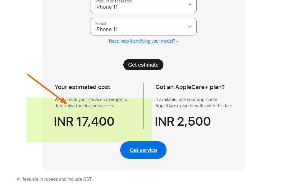 screenshot of iphone 11 screen replacement charges page