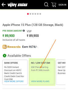 screen shot of iphone 15 emi option on vijay sales website.