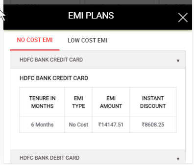 screenshot of no cost emi from hdfc bank credir card