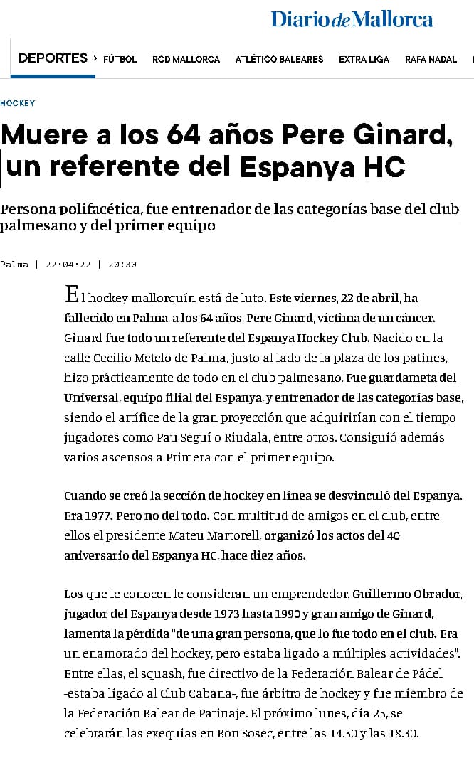 Necrológica de Pedro Ginard en Diario de Mallorca 23-04-22