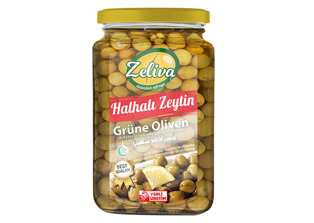Zeliva Grüne Oliven mit Stein, aufgebrochen - Halhali Yesil Zeytin 900g