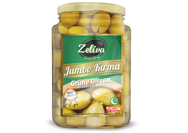 Zeliva Jumbo Oliven, aufgebrochen - Jumbo Kirma Yesil Zeytin 900g