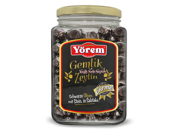 Yörem Schwarze Oliven mit Stein - Gurme Gemlik Sele Zeytin 900g