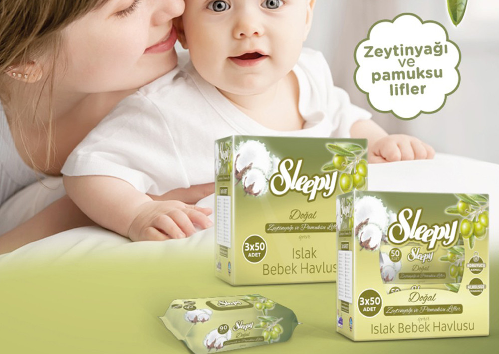 Sleepy Nasses Babyhandtuch aus Olivenöl und Baumwolle  / Sleepy Zeytinyağlı ve Pamuklu Islak Bebek Havlusu 3x90 adet