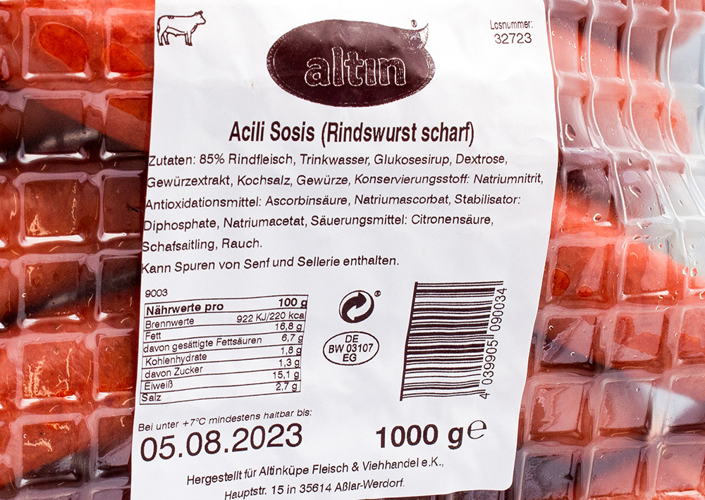 Altınküpe Altın Sosis Rindswurst Scharf - Acılı Sığır Sosis 1000g