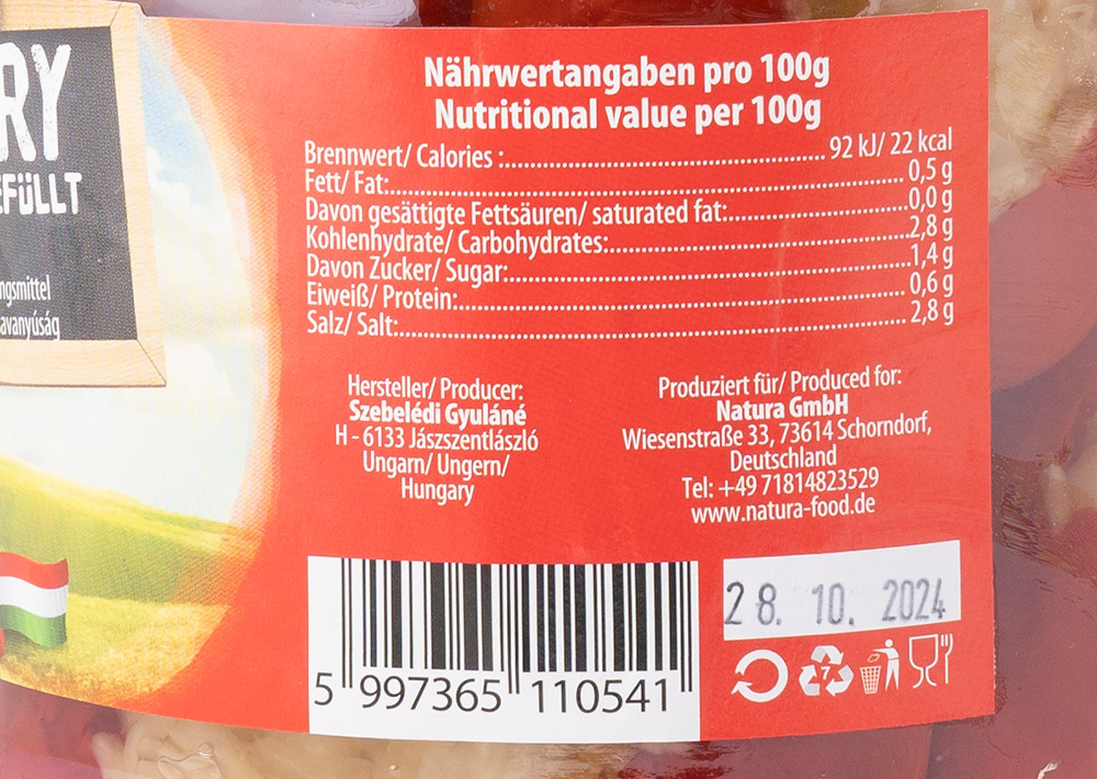 Natura Hungary Tomatenpaprika Gefüllt mit Kraut - Lahana ile doldurulmuş Macar Biberi 960g