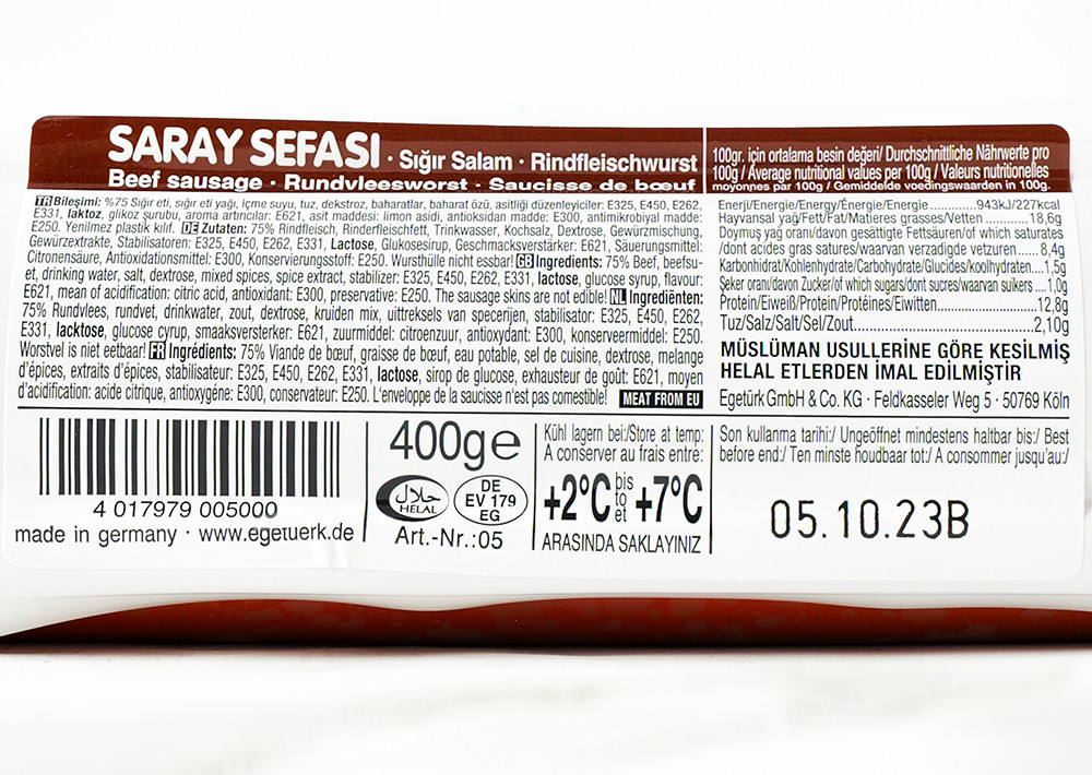 Egetürk Saray Sefası Rindfleischwurst - Sığır Salam 500g