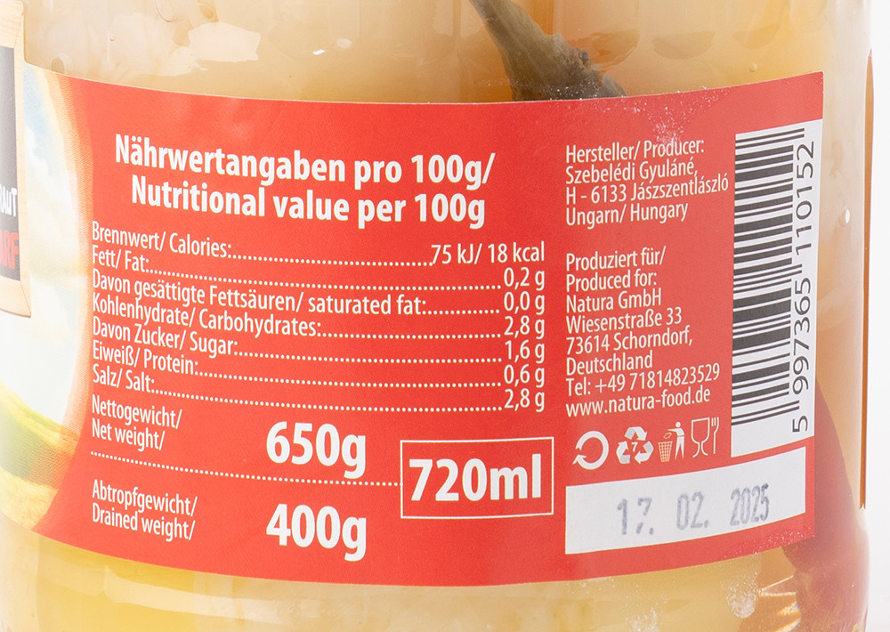 Natura  Hungary Apfelpaprika Gefüllt mit Kraut Scharf - Bitkili Macar Biberi Acı 400g