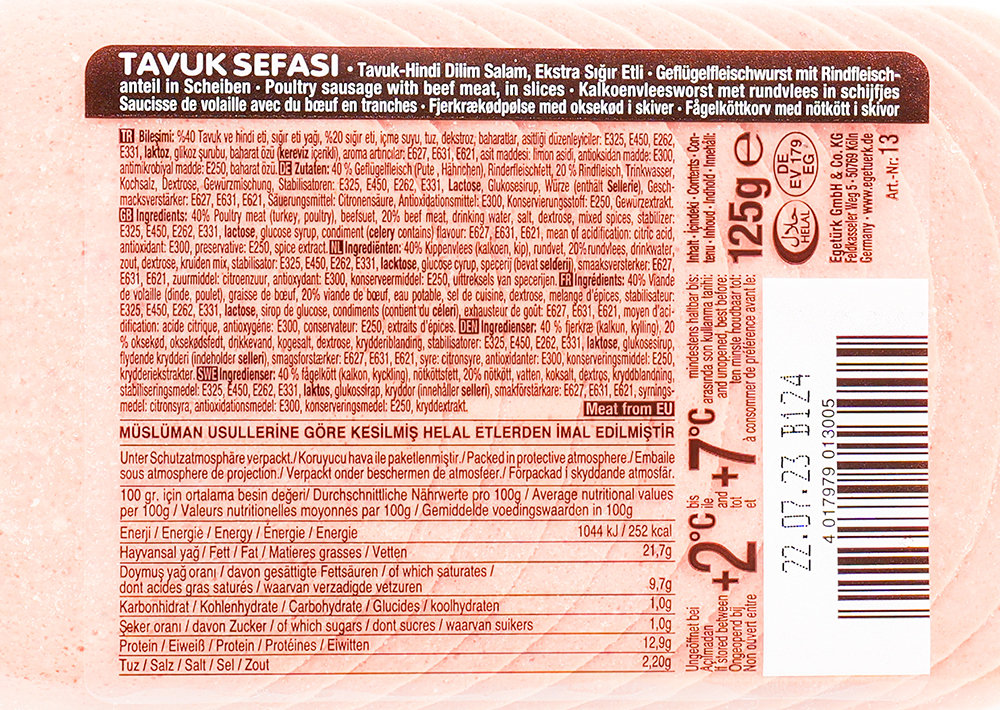 Egetürk Geflügelfleischwurst in Scheiben - Tavuk Sefasi Salam Dilim 125g