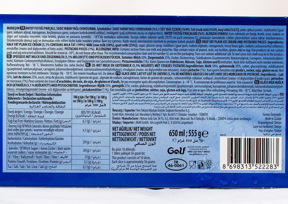Golf Maraş Dondurma - Speiseeis Mit Milch Und Ziegenmilch Und Pistazienstücken 555 g