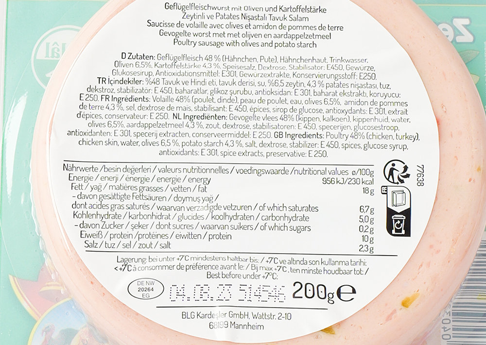 Suntat Geflügelfleischwurst mit Oliven - Zeytinli Tavuk Salam Dilim 200g