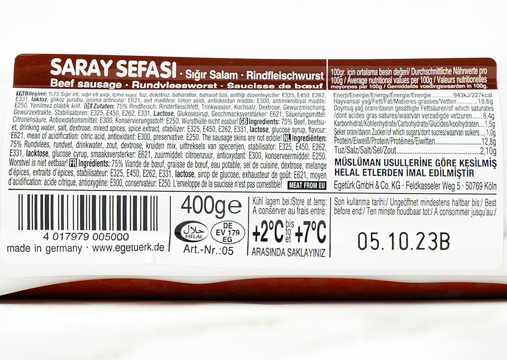 Egetürk Saray Sefası Rindfleischwurst - Sığır Salam 400g