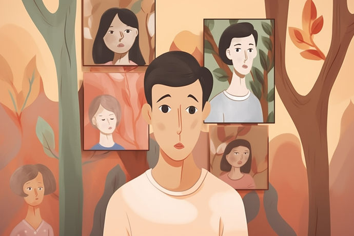 Illustration of prosopagnosia, the inability to recognize faces.