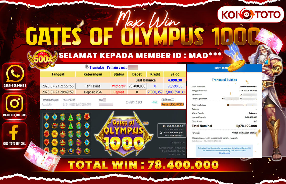 MAXWIN !! MENANG BESAR DI PERMAINAN GATES OF OLYMPUS 1000 !!! KOITOTO BAYAR LANGSUNG LUNAS SEBESAR Rp 78.400.000 !!!